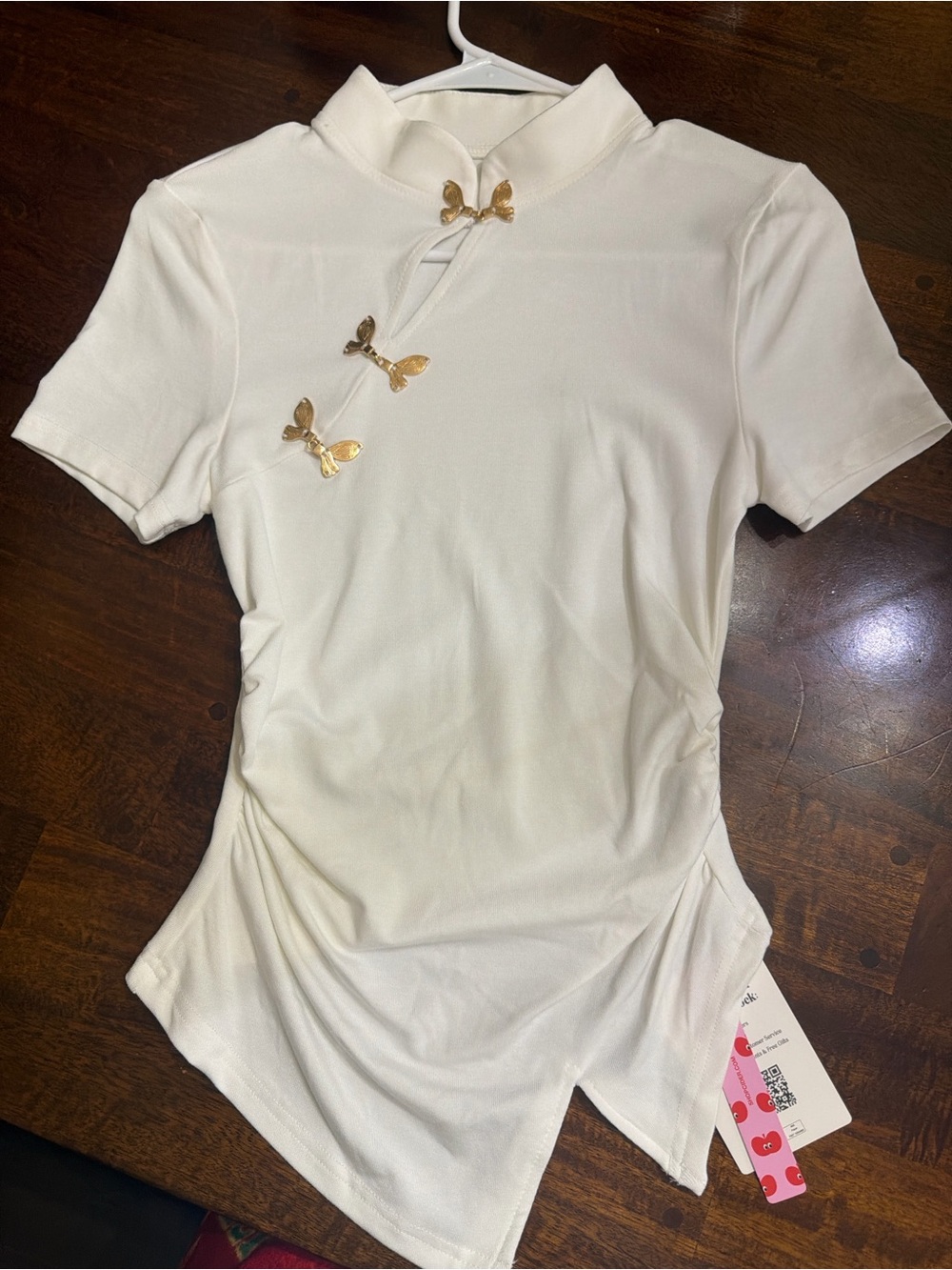 Cider Cream Short-Sleeve Mandarin Collar Top with Gold Butterfly Clasps